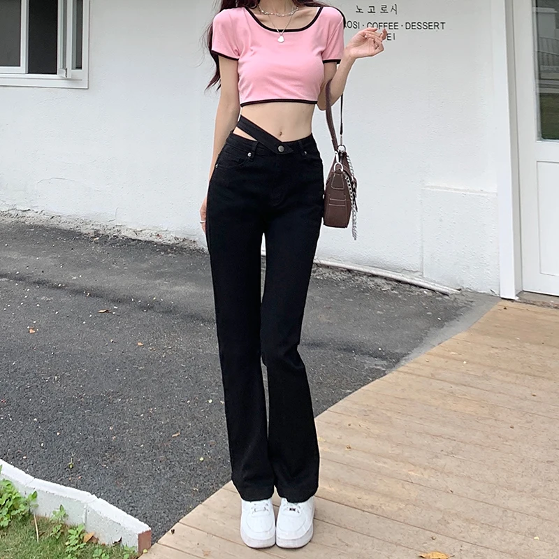 Jeans Women's Black Spring Summer Pants Casual Open Waist High Waist Straight Tube Micro Flare Floor Dragging Pants Fashion