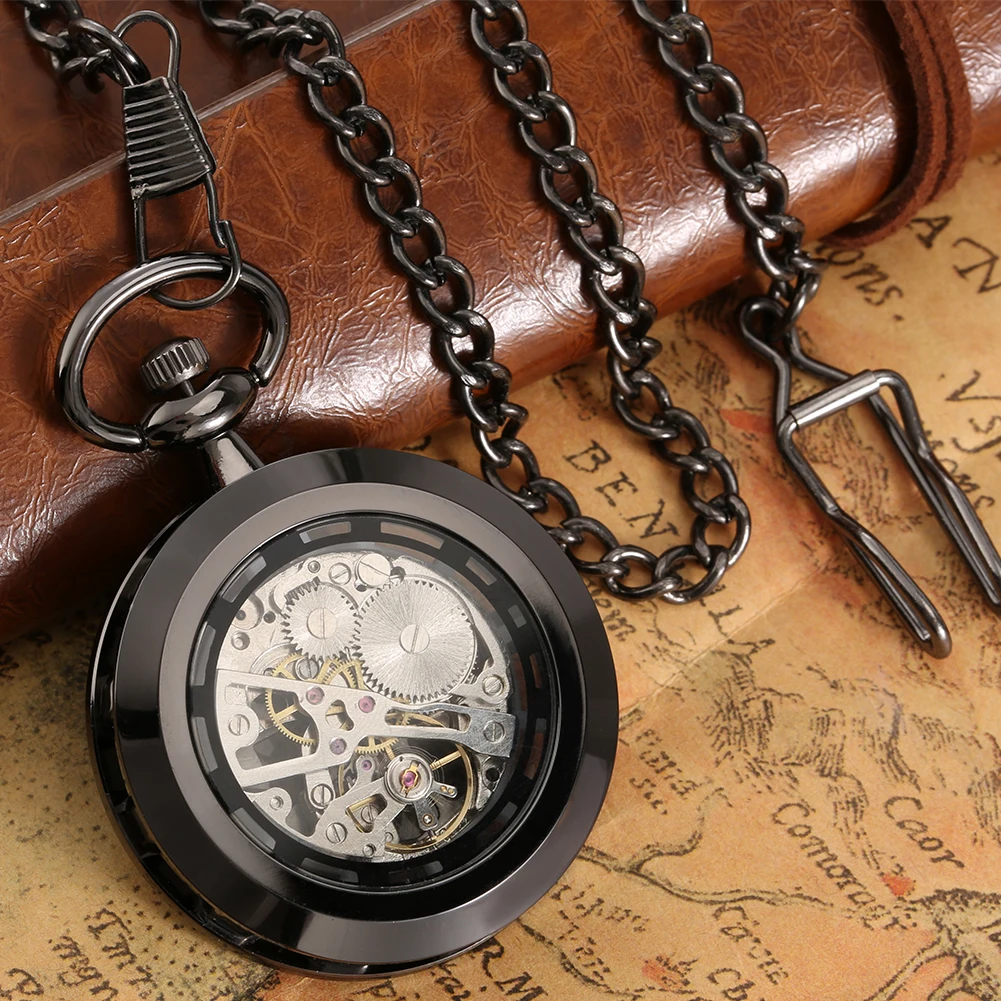 Black Transparent Skeleton Mechanical Hand-Winding Pocket Watch Fob Chain Roman Numerals Display Open Face Vintage Pendant Clock