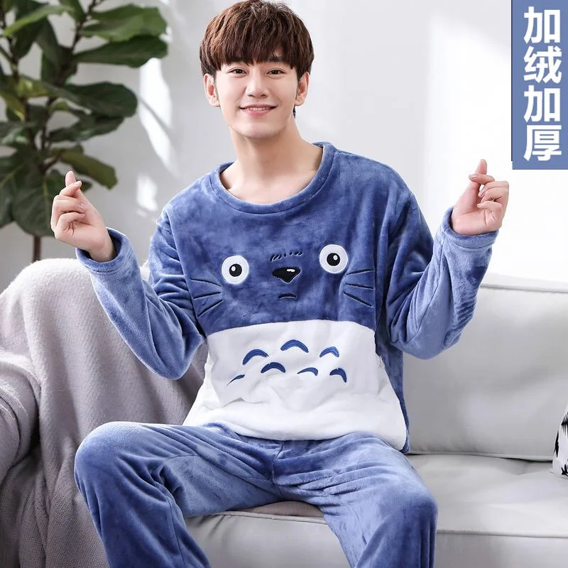 Pajamas Set Man Casual Sleepwear Thick Flannel Cartoon Full Length Pyjama Women's Winter Warm Fashion Homewear Big Siz