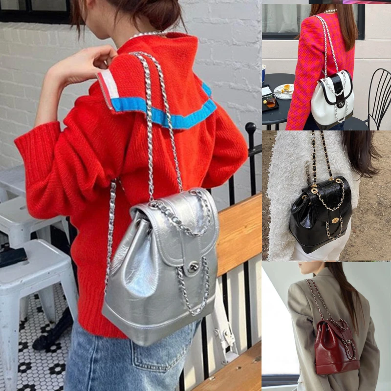 

Women Korea Autumn Winter Mini Chains Backpack Female Ins Student Oil Wax Leather Shoulder Bag Travel Bagpack Black Rucksack Sac