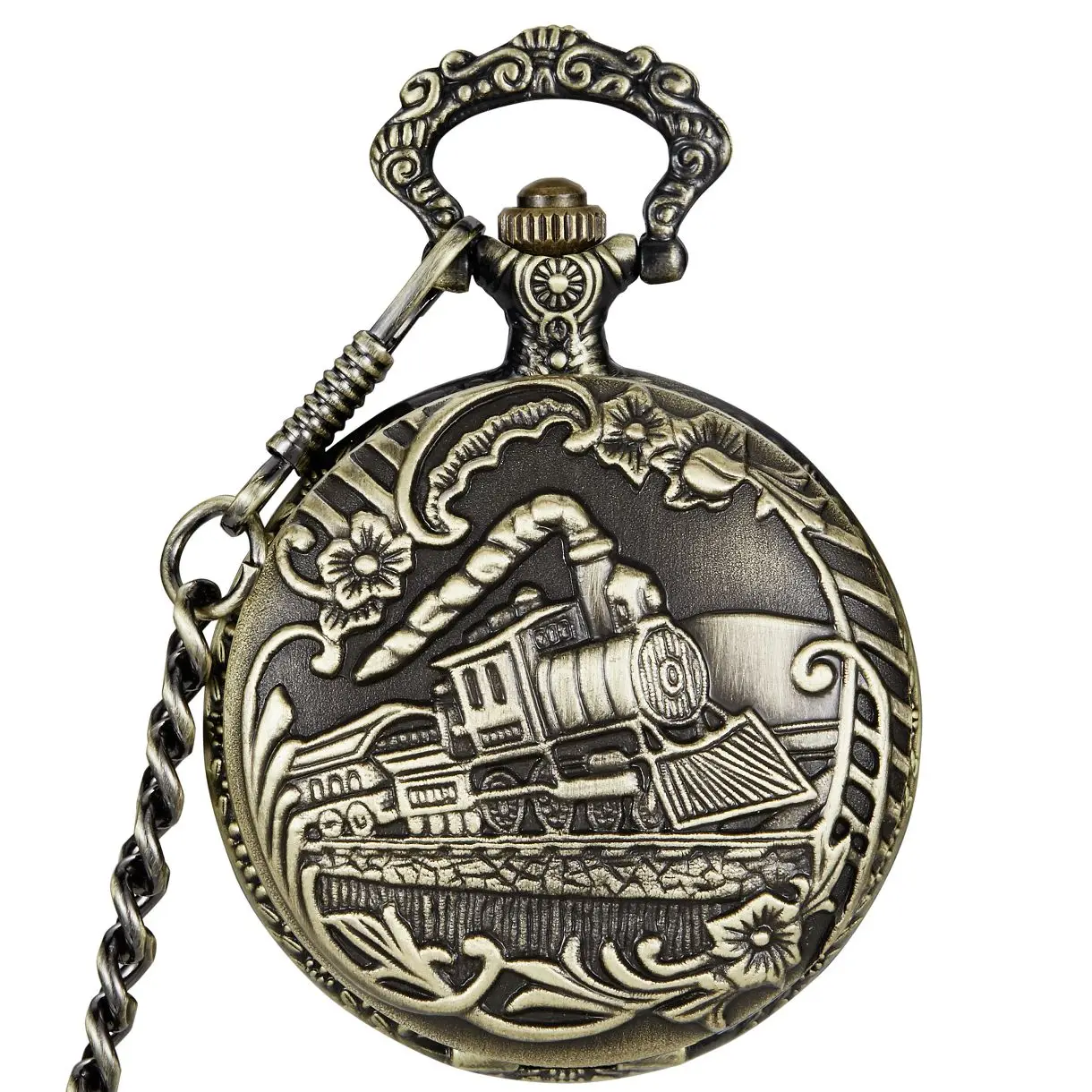 Antique Bronze Locomotive Mechanical Pocket Watch Women Necklace Chain Rtero fob watches gifts