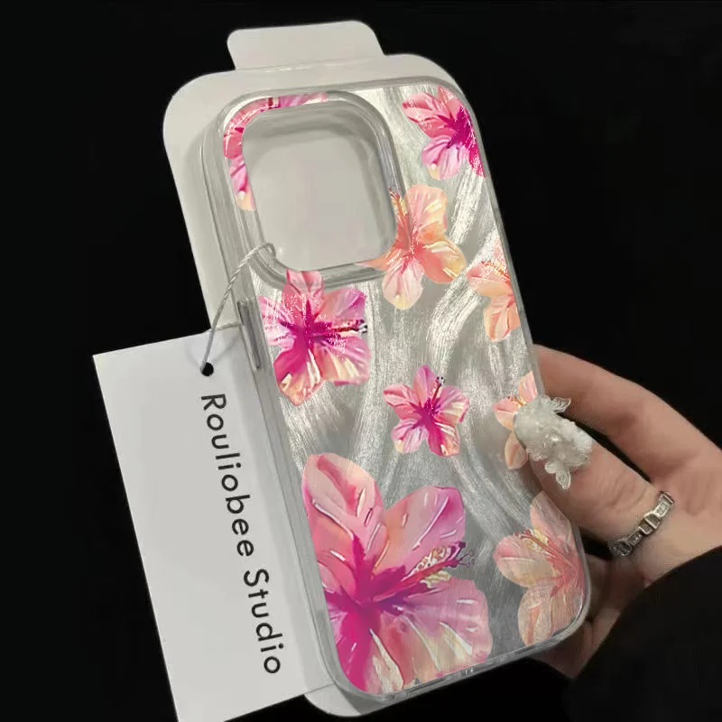 Фото Блестящий чехол для телефона для iPhone 17, 16, 15, 14, 13, 12, 11 Pro Max 16E 14 Plus 17 Air CWatercolor Hibiscus Flower Pattern Hard Cover №5