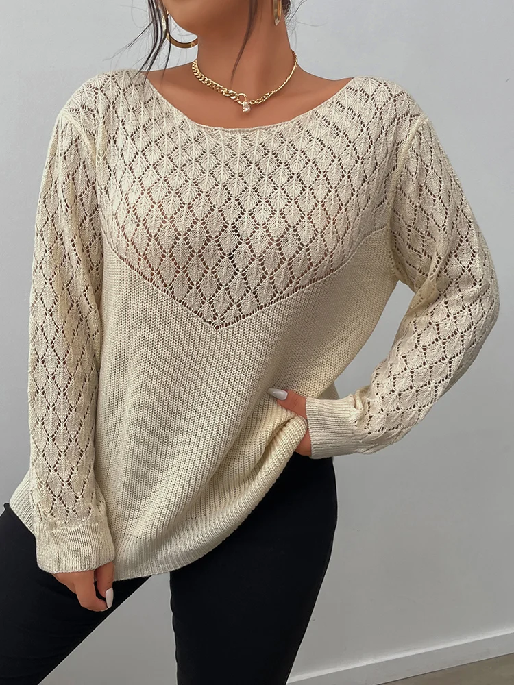 ONELINK Plus Size Women'S Sweater Pullover Big O Neck Cable Argyle Knit Pattern Solid Beige Cream White Long Sleeves Large Tops