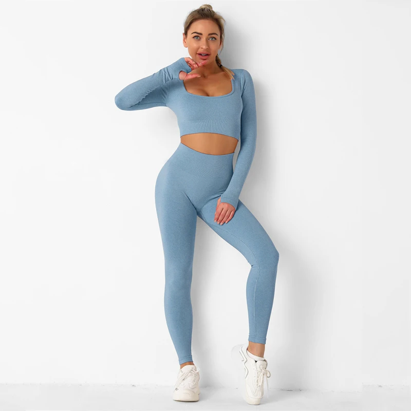 

Бесшовный Женский комплект для йоги, спортивная одежда для тренировок, женская одежда для спортзала, спортивный костюм для йоги с длинным рукавом для бега, короткий топ, спортивный костюм