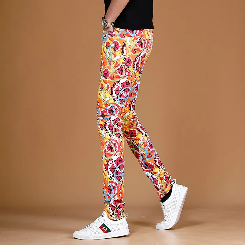 Jeans Men 2022 Summer Fashion Colourful Printed Pants Streetwear Graphic Jean Casual Straight Slim Fit Denim Trousers