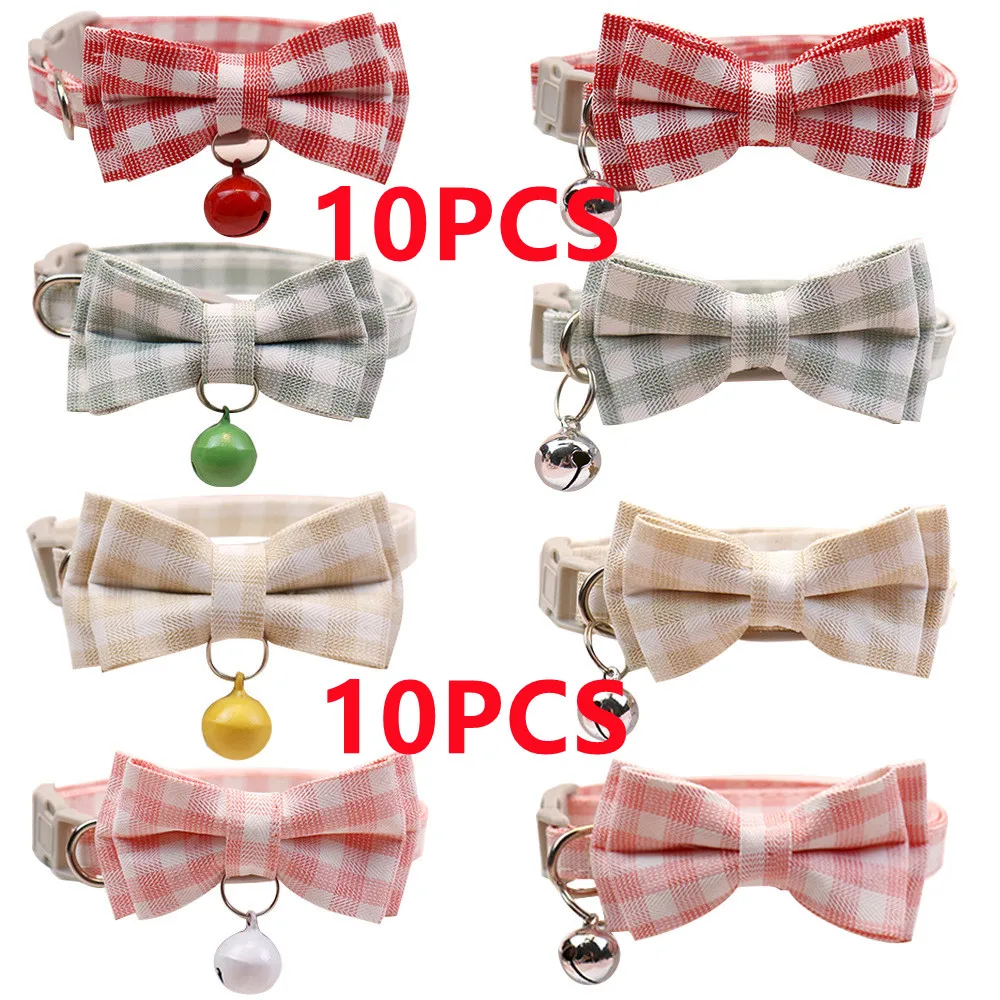 

10PCS Cute Cat Collar Small Puppy Cat Collars Bow Kitten Cat Collar Bowknot Necklace with Bell for Dogs Chihuahua Pet Supplies