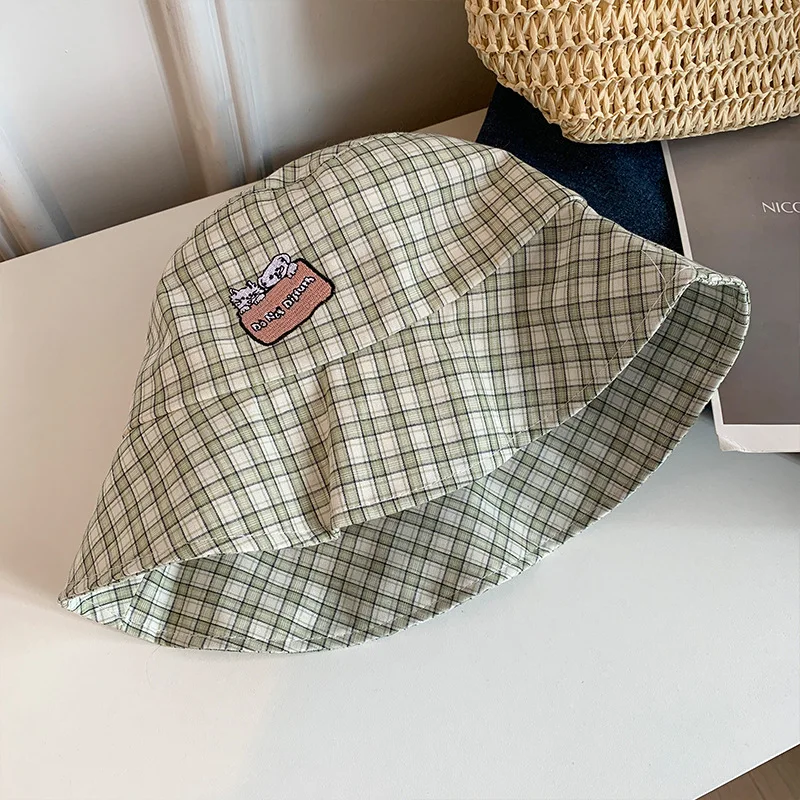 Синие панамы в клетку с милым щенком и вышивкой для женщин весенне-летние