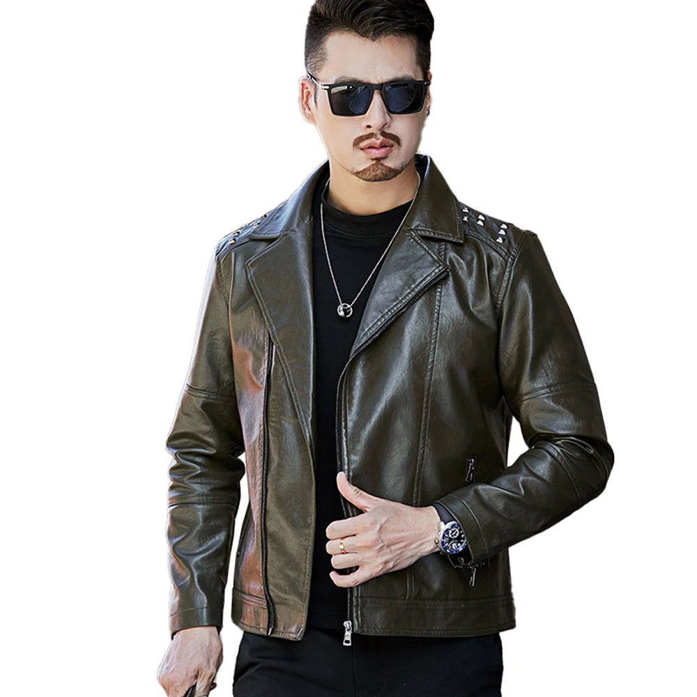

KOODAO Winter Leather Jacket Men Fur Fleece Tactical Jacket Outerwear Windbreaker Lightweight for Ride,Black/Green
