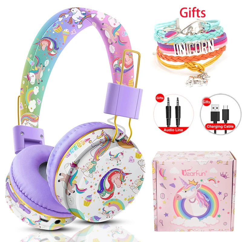 Wireless Headphones with Mic Rainbow Unicorn Kids Girls Stereo Music Helmet Headset Gamer TF Card for Phone Children Headphone