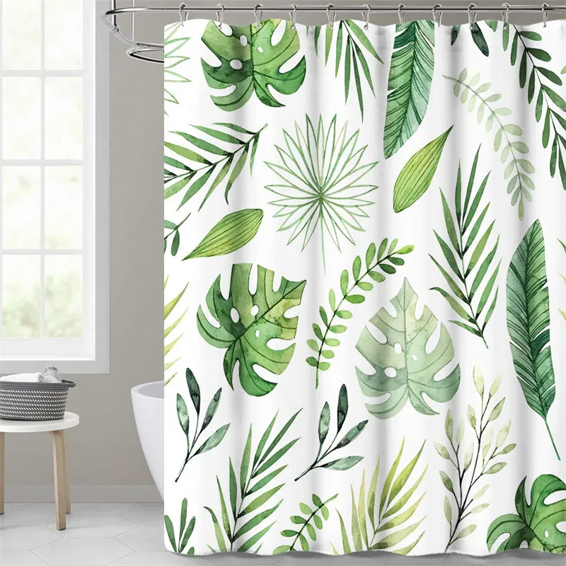 

Leaves Green Shower Curtain Liner Tropical Palm Leaf Pattern On White Background Fabric Shower Curtain Waterproof Bathroom Decor