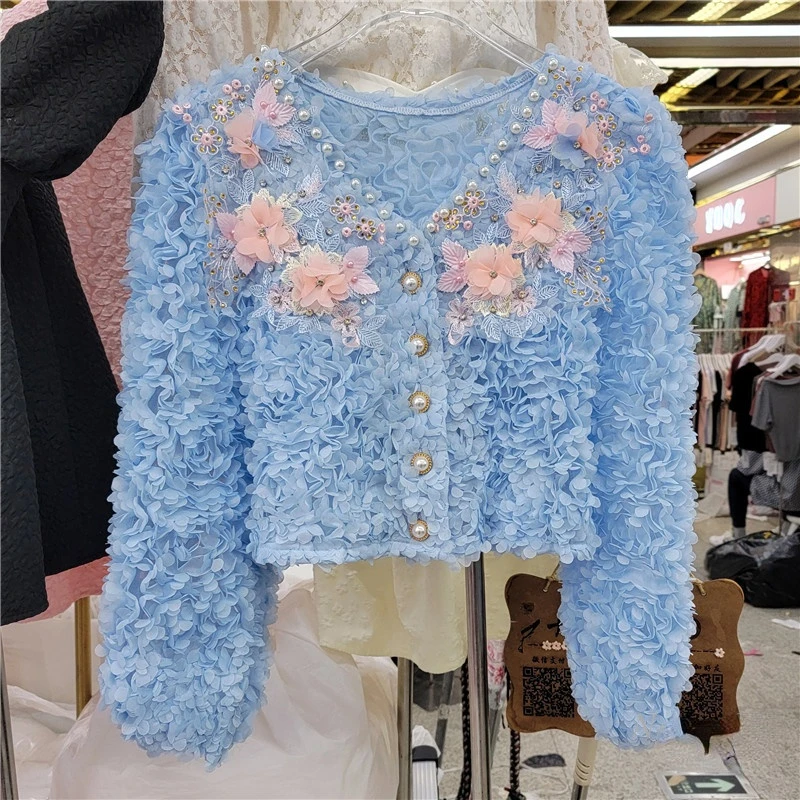 

Женская кружевная куртка с цветочным кружевом, универсальный топ с V-образным вырезом и жемчужной пряжкой, маленькое пальто с длинным рукав...