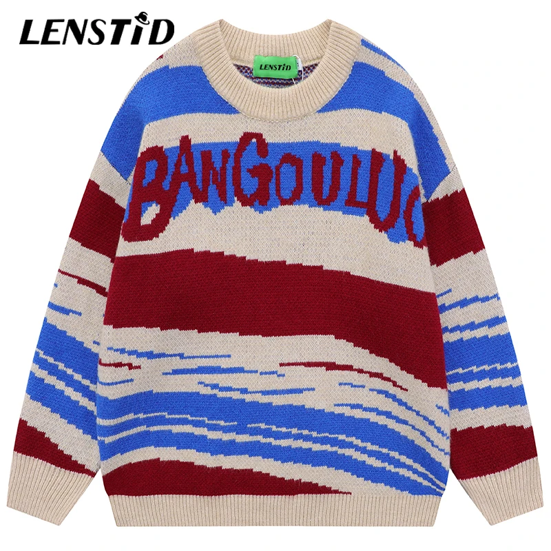 

LENSTID Autumn Men Knitted Sweaters Hip Hop Striped Letter Graphic Jumper Streetwear Harajuku Fashion Casual Pullovers Clothing