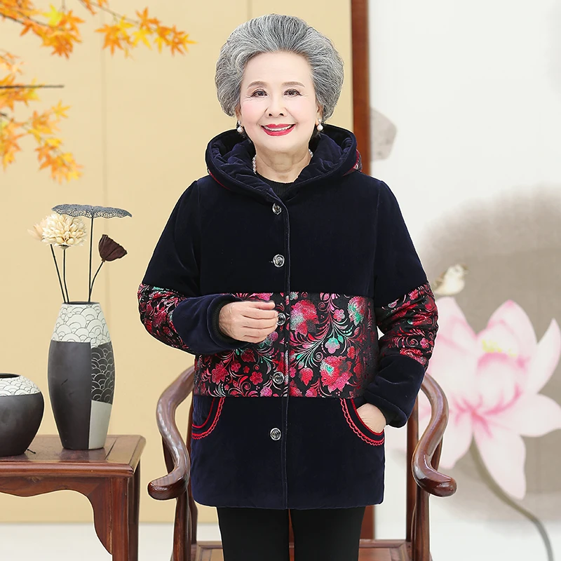 Winter Thicken Middle Aged Elderly Women Coat Hooded Fleece Grandma Cotton Jacket Warm Mid-Long Mother Parka XL-5XL
