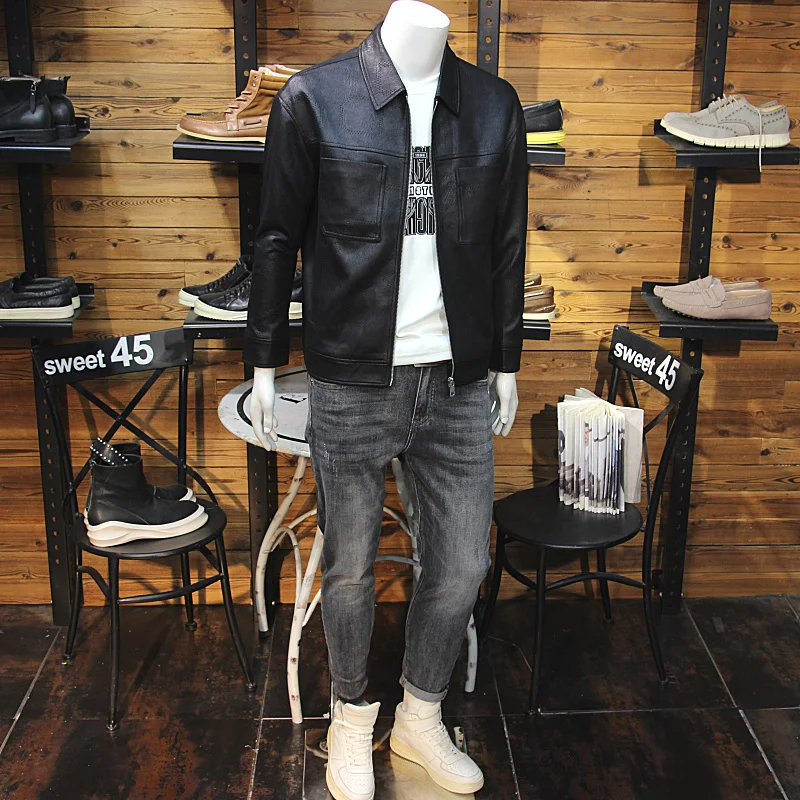 Мужская кожаная куртка с лацканами в стиле ретро Jianou модная молодежная Pu Shuai