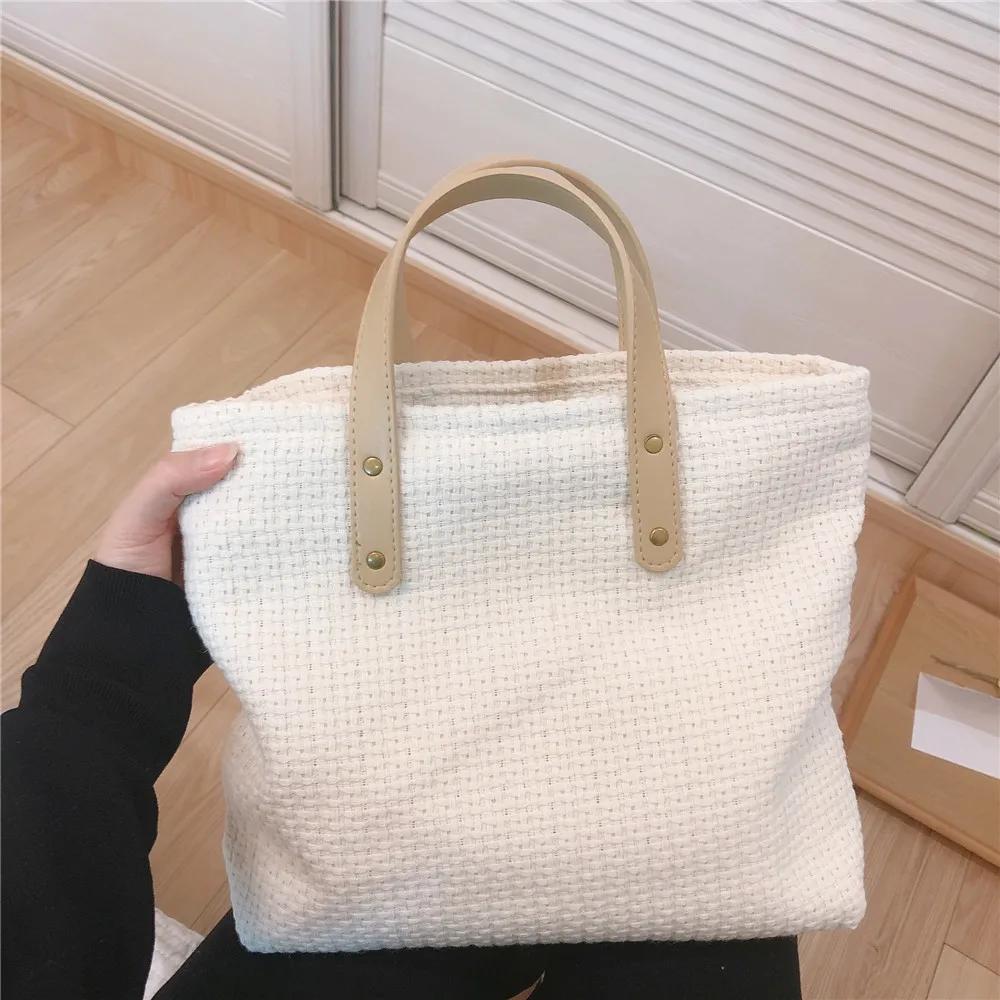 

Teenager Casual Vegan Cotton Linen Top-handle Tote Bag Female Student Everyday Ecology Braid Fabric Cloth Shopping Handbag