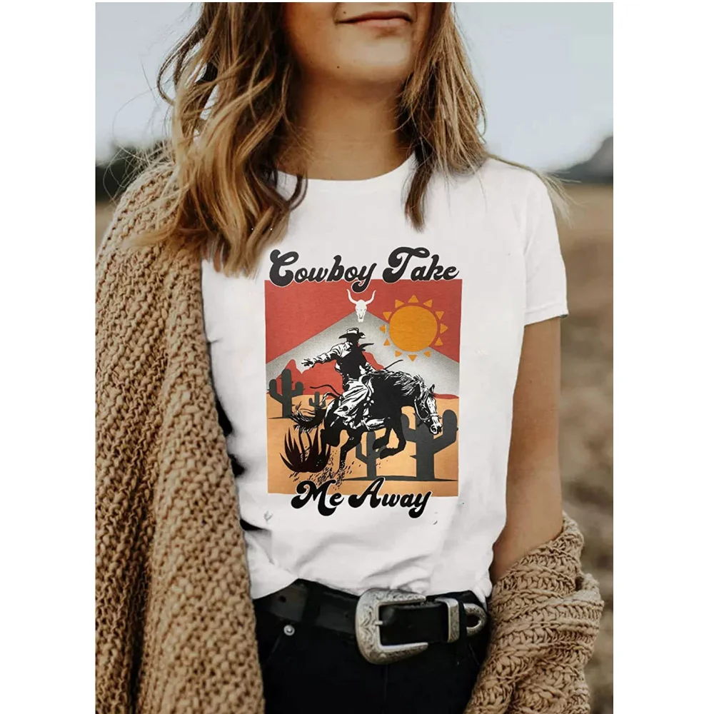 

Fashion Women T-Shirts 3d Western Cowboy Print Tops Tees Casual Daily O-Neck Clothes Summer Oversize T-shirt Women’s Clothing