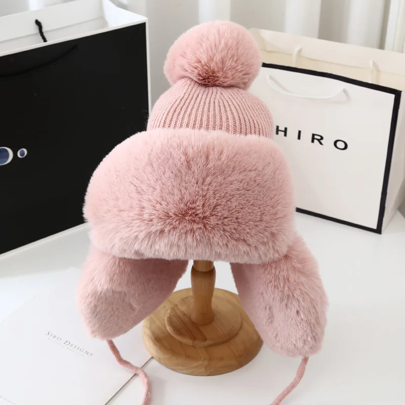 

Winter Thick Outdoor Earflap Warm Hat Wool Knitted Snow Ski Cap Fleece Bomber Trapper Hat Women Ushanka Faux Fox Fur Pompom