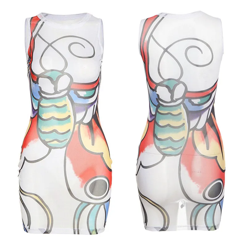 

Women Sexy Bodycon Short Dress Y2K Sleeveless Round Neck Sheer Mesh See Through Butterfly Print Dress Party Club Tank Dresses