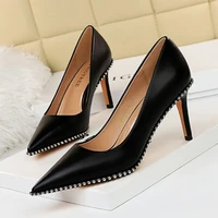 plus size spring autumn pu leather rivet shallow pumps women sexy pointed toe thin high heels slip on ladies party dress shoes