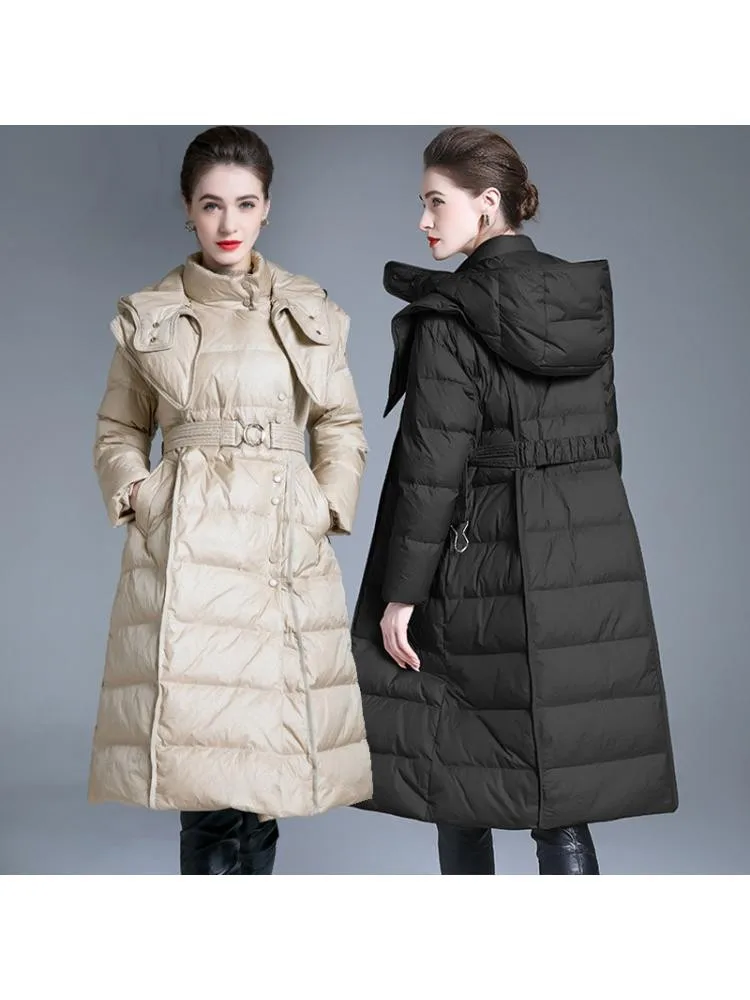2022 Winter Hooded Long Black Thick 90 White Duck Down Coats Women High Collar Lace Up Single Breasted Windproof Warmer Jackets