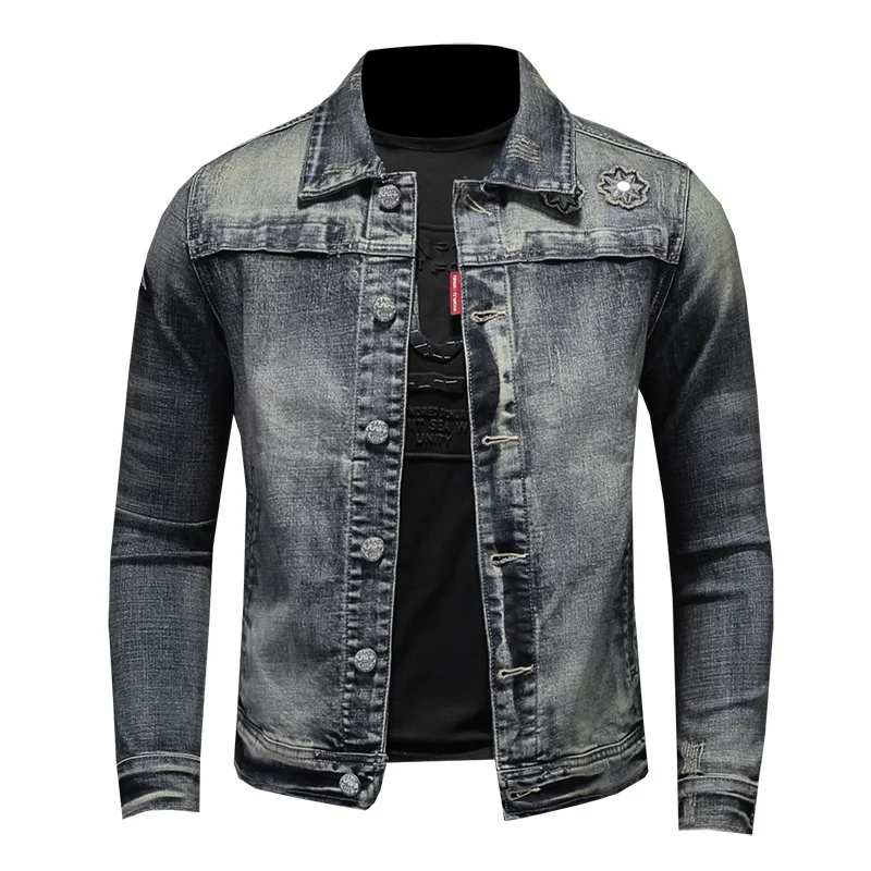 

High Quality Denim Biker Men Jacket Motorcycle Fashion Patch Cowboy Jean Coat Vintage Blue Spring Autumn Outwear Hige