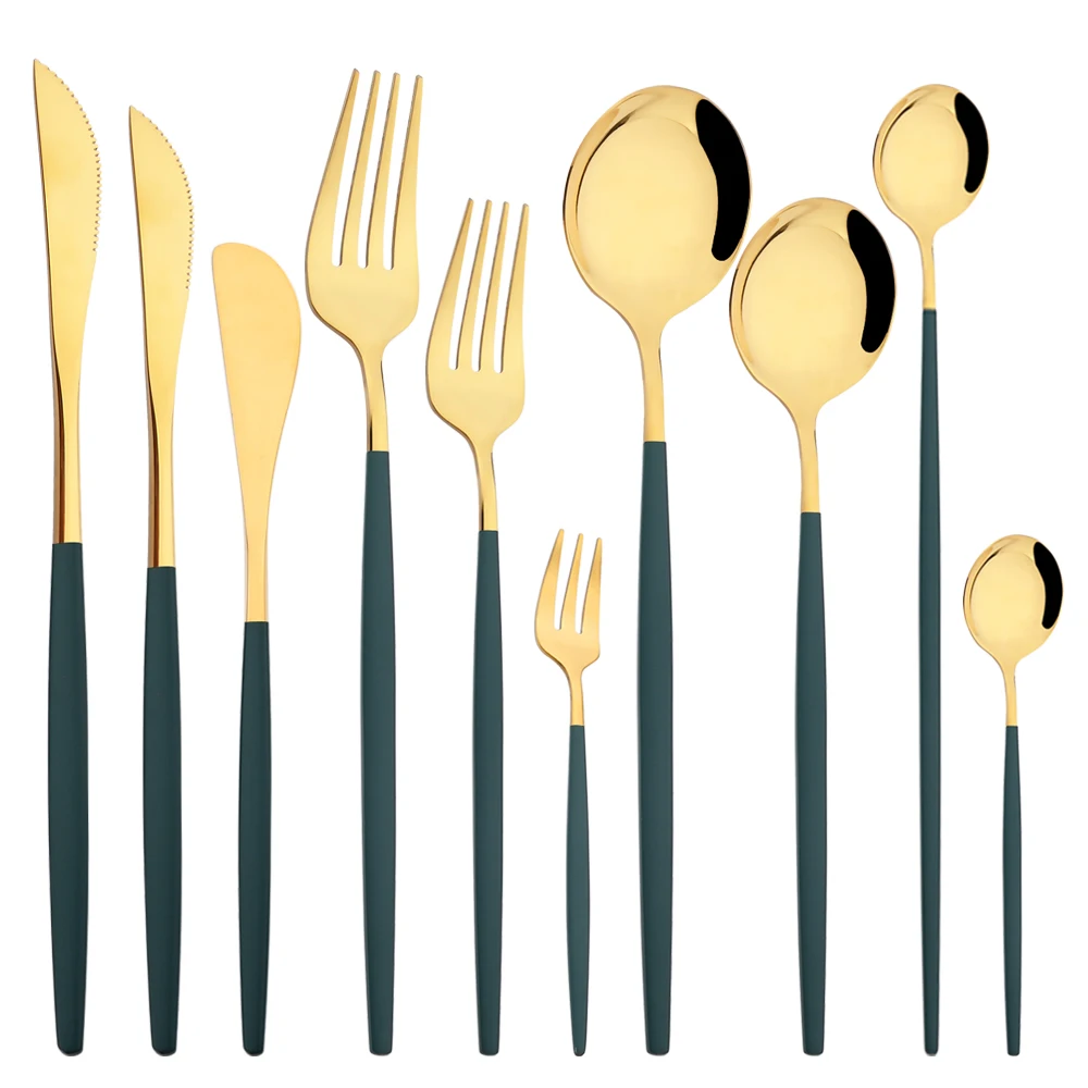 

6Pcs Green Gold Stainless Steel Cutlery Set High Quality Knife Fork Spoon Dinnerware Set Dinner Kitchen Flatware Silverware Set