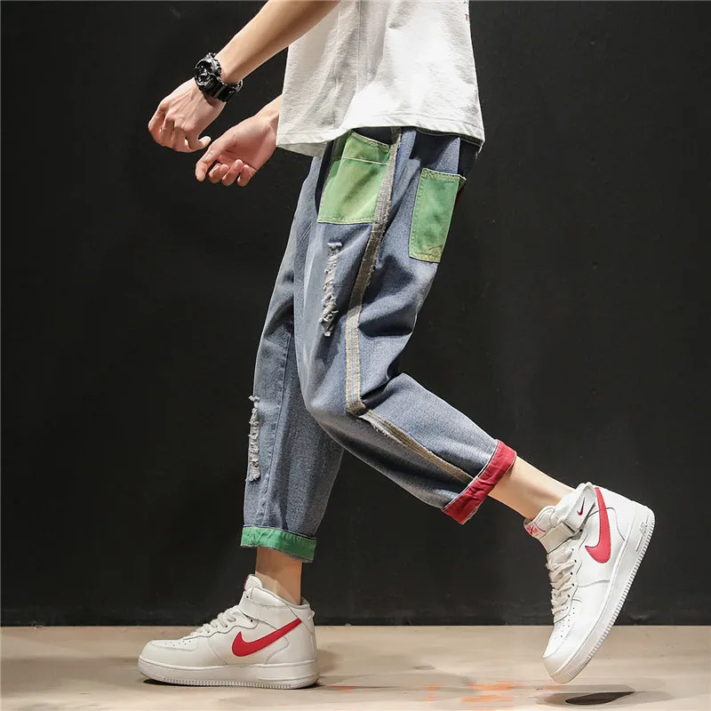 Mens fashion contrast color nine points thin plus size jeans spring and summer loose harem pants Korean version baggy jeans