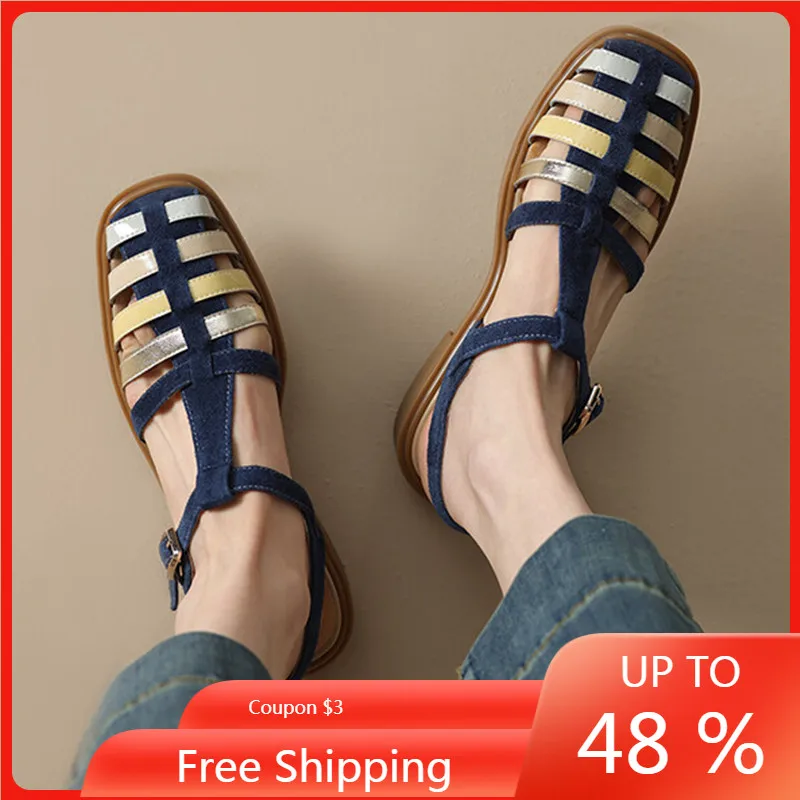 

ENMAYER 2023 New Concise Genuine Leather Sandals Woman Buckle Ladies Casual Shoes Flat with Heels Platform Sandals T-Strap
