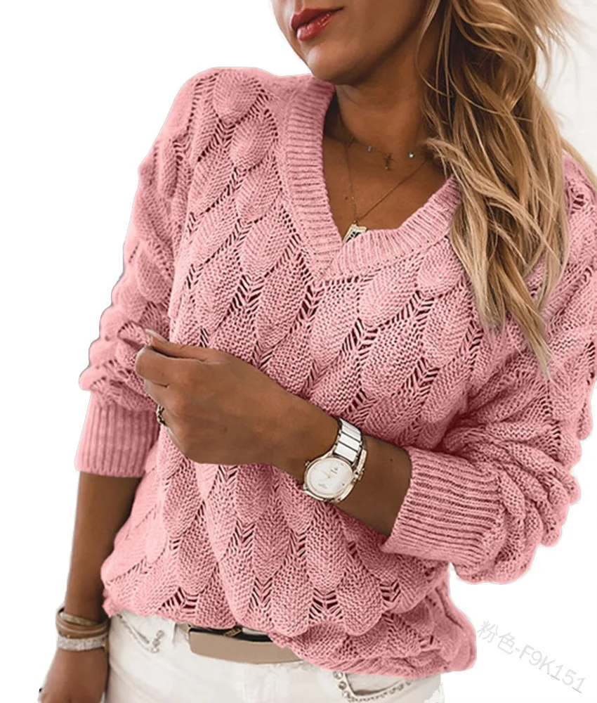 

Sweater Fashion Women's Pullover Long Sleeve Women Pullover V-neck Hollow Out Solid Color Casual Sweater Top