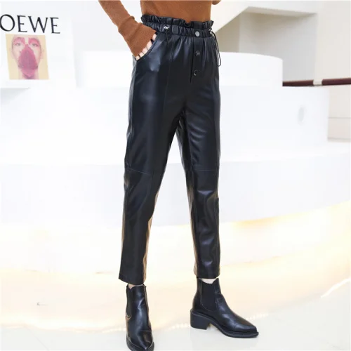 Luxury brand Woman Real Sheepskin High Waist Pants Womenswear Genuine Leather Trousers Korean Style Femme Pantalon TN2395