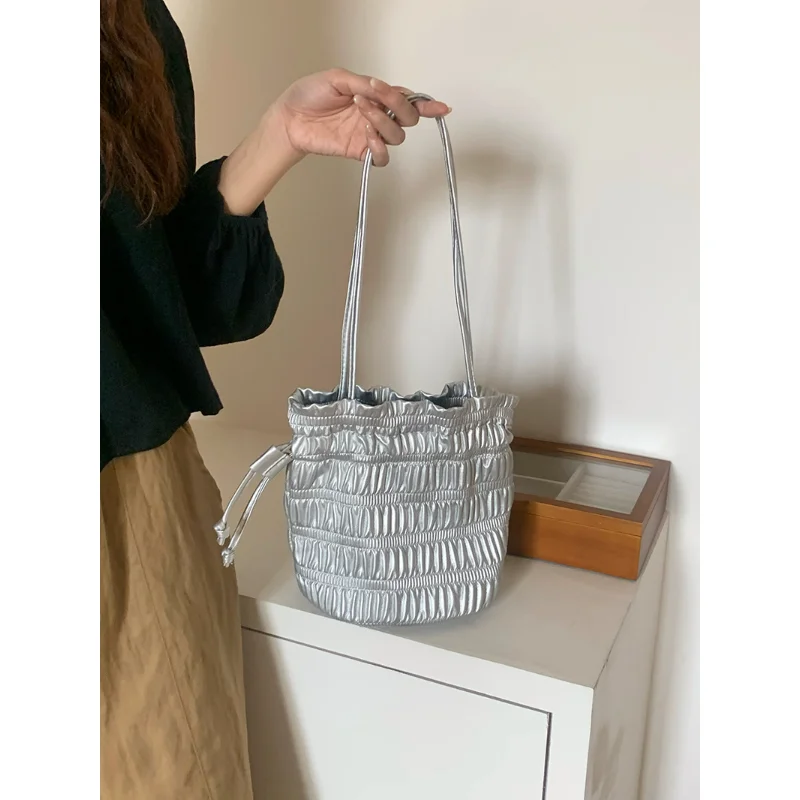 

Silver Pleated Drawstring Shoulder Bucket Bags Women Designer Soft PU Leather Small Handbags Female Casual Purse Underarm Bag