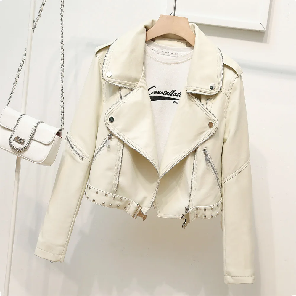2023 New belt riveted heavy industry zipper decorative lapel women's leather jacket epaulettes leather jacket