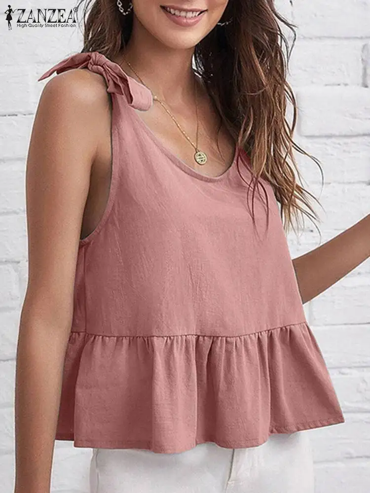 

ZANZEA Stylish Summer Fashion Beach Holiday Blouse Casual Lace Up Camis Solid Ruffles Club Shirt Women Sleeveless Tanks Tops