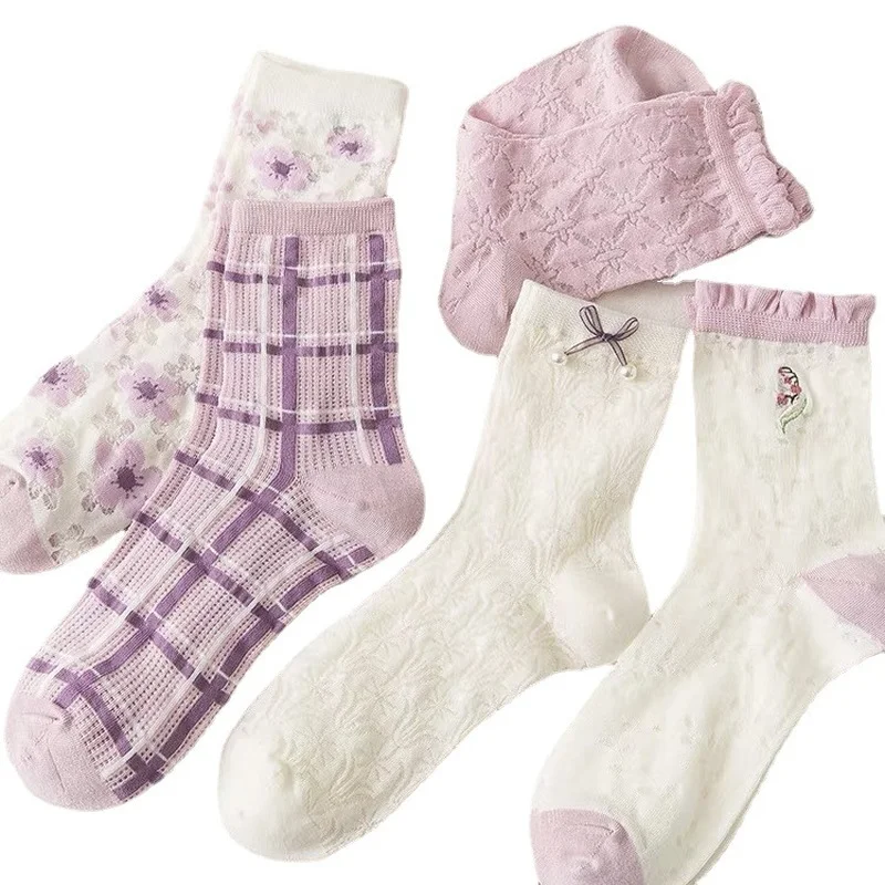 

Purple Woman Socks JK Japanese Style Kawaii Cute Bowknot Long Socks Flower Embroidery Retro Harajuku Streetwear Crew Socks Women