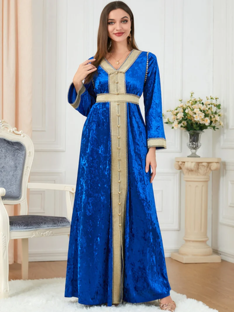 Muslim Dress Women Autumn Winter Velvet Long Sleeve Button Tape Trim Belted Kaftan Split Hem Party Dresses Turkey Abaya New 2022