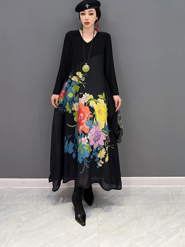 

Женское длинное шифоновое платье, элегантное и роскошное свободное платье большого размера с длинными рукавами и принтом, весна-лето 2023