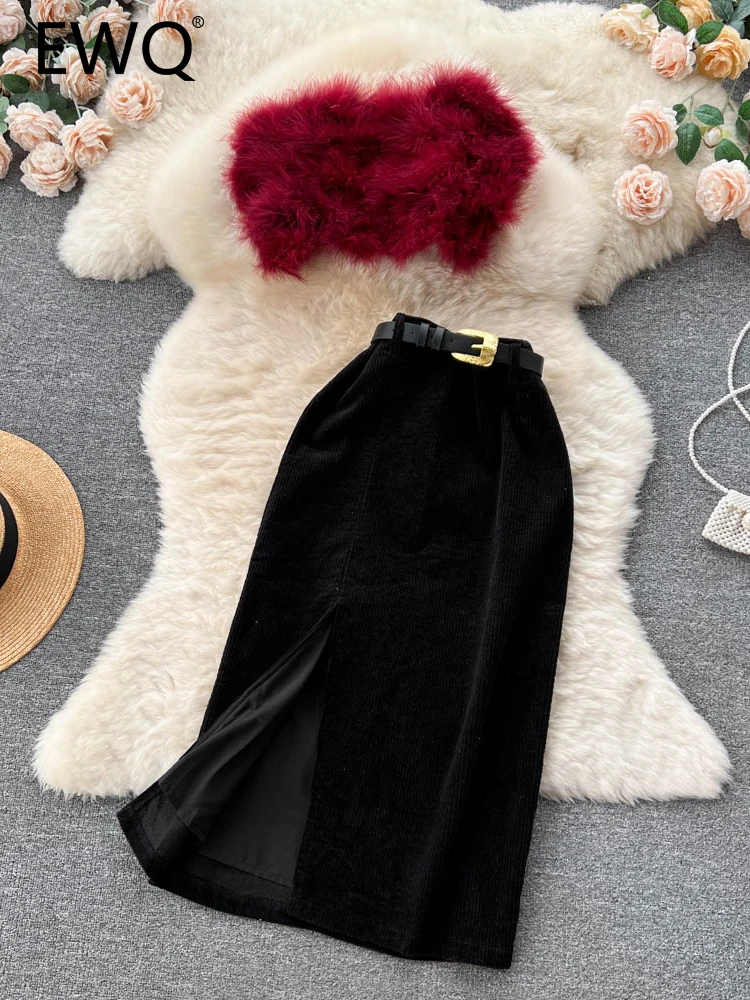 

EWQ Women Sexy Plush Short Strapless Top+high Waist Split Skirt Two-piece Suit Sweet Korea Chic Tide Spring Autumn 2023 SM4736