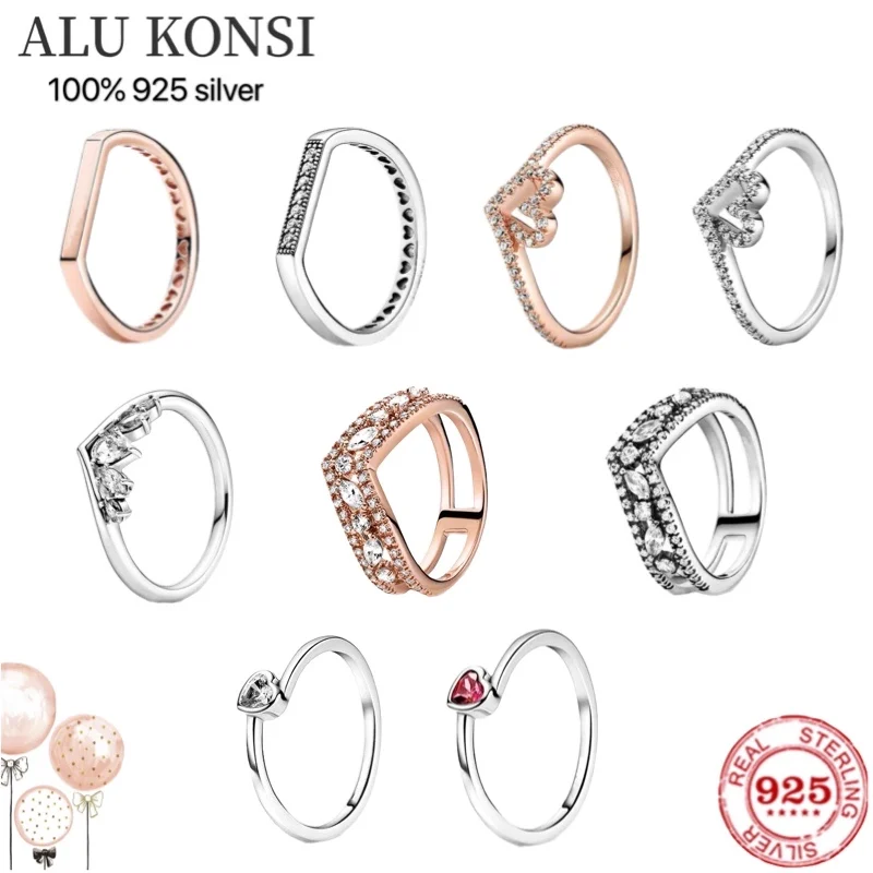 

NEW Fit Original luxury Real 925 Sterling Silver pan ring For Women Rose gold crystal couple rings DIY fashion wedding Jewelry