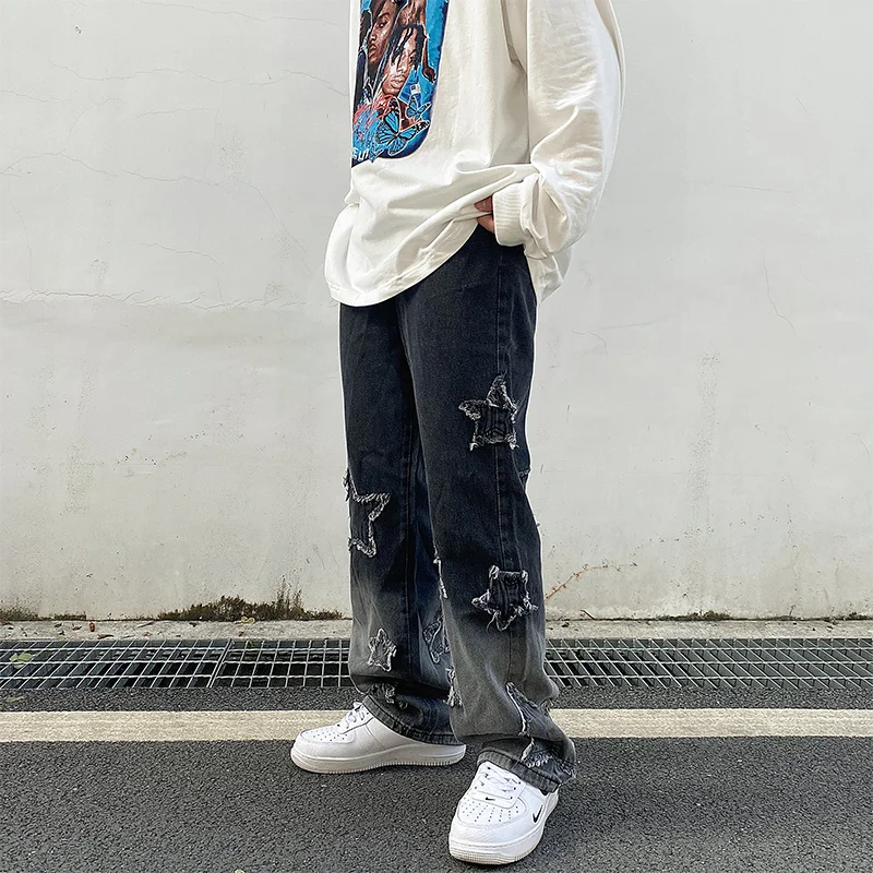 

High Street Vintage Baggy Jeans Mens Star Embroidery Gradient Pants Hip Hop Harajuku Oversized Casual Denim Trouser Unisex Black