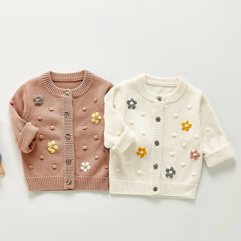 

Детский вязаный кардиган с длинным рукавом, с цветочной вышивкой