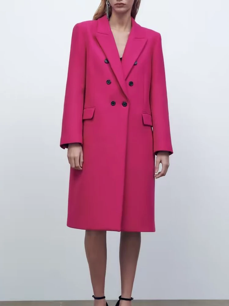 

traf Autumn Winter Fuchsia Long Woolen Coat Women Korean Loose Outerwear Office Lady Double Breasted Jacket Woman Overcoat