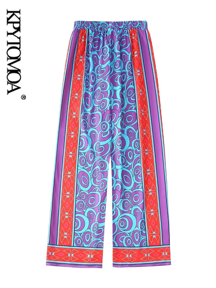 

KPYTOMOA Women Fashion Flowing Printed Wide Leg Pants Vintage High Waist With Elastic Waistband Female Trousers Mujer