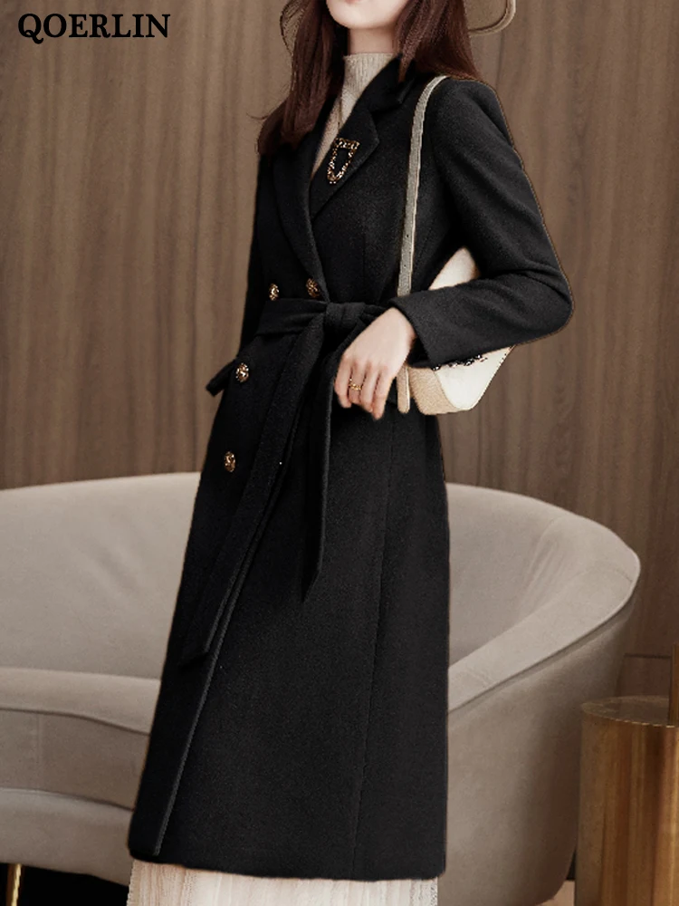 QOERLIN Retro Woolen Coat Women Elegant Turn-down Collar Buttons Overcoat with Belted Long Sleeve Loose Midi Outerwear Winter