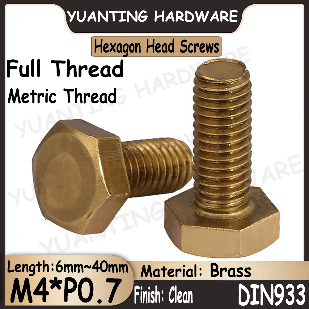 

10 шт. ~ 30 шт. M4xP0.7x6mm ~ 40 мм Метрическая грубая резьба DIN933 латунные отмытые шестигранные головки винты с полной резьбой