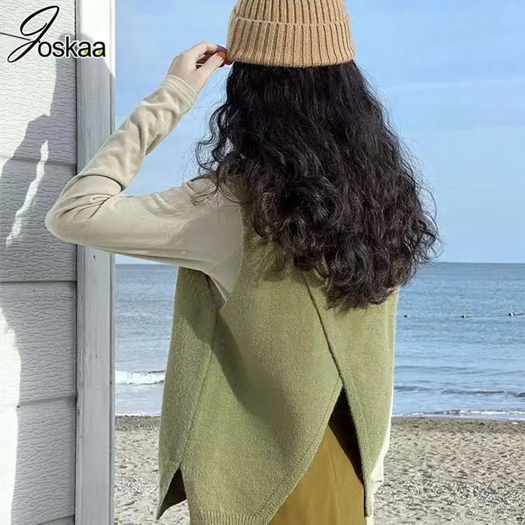 

Женский вязаный жилет Joskaa, однотонный винтажный жилет с v-образным вырезом, без рукавов, зимний 2022, шикарный топ, уличная одежда