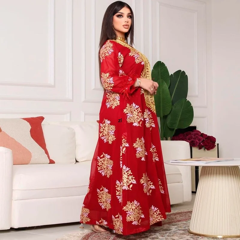 Muslim Dubai Abaya Islamic Clothes For Women Luxury Wedding Party Evening Gown Floral Embroidery Feather Boho Maxi Dress Bubu