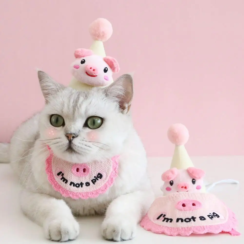 Cartoon Cat Bandana 1 Set Stylish Super Soft Pink Color Pig Pet Bib Saliva Towel with Headgear Supplies |