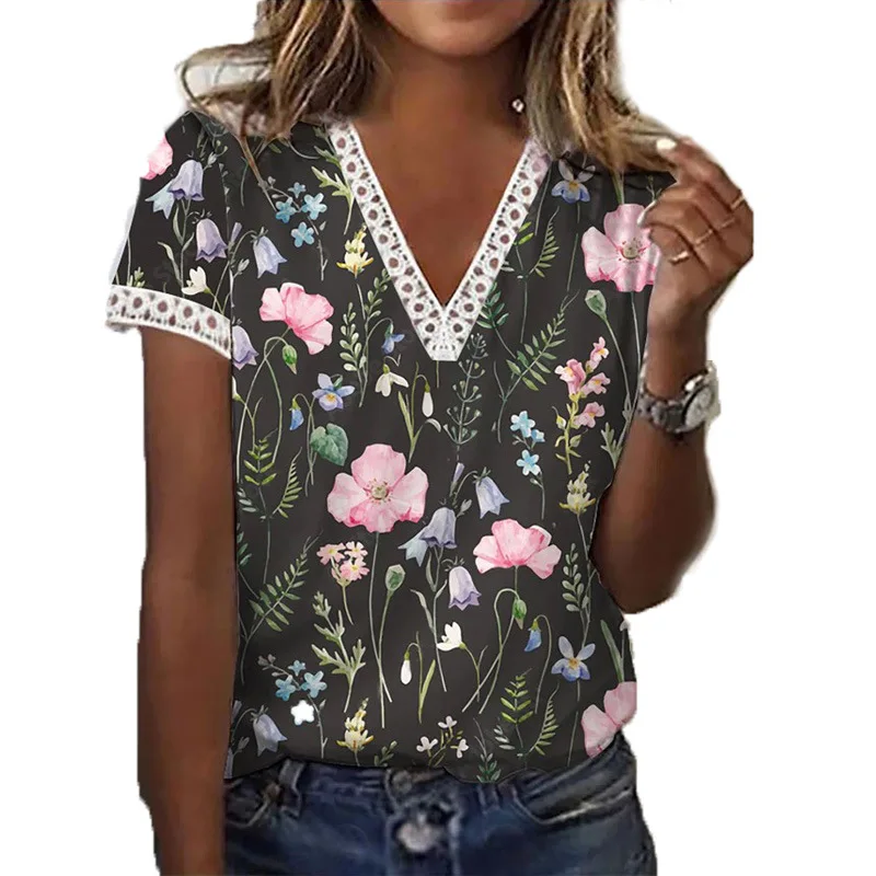 

2023 New Fashion Floral Pullover Tops Summer Women V-neck Short Sleeve T-shirts Elegant Casual Blouse Female Clothes 24785