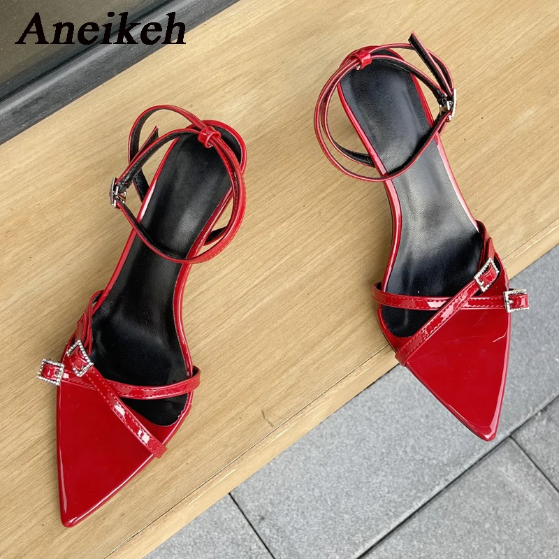 

Лето 2023, Элегантные Простые сандалии Aneikeh с открытым носком, приталенные, на высоком каблуке, украшенные кристаллами, с пряжкой, Нескользящие, женская обувь