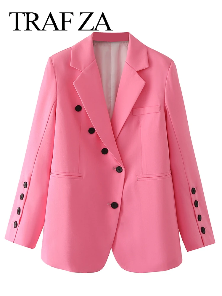 

TRAF ZA Elegant Solid Pink Asymmetric Button Decoration Blazer Jacket Long Sleeve Suit Collar Commuter Fashion Casual Coat Women